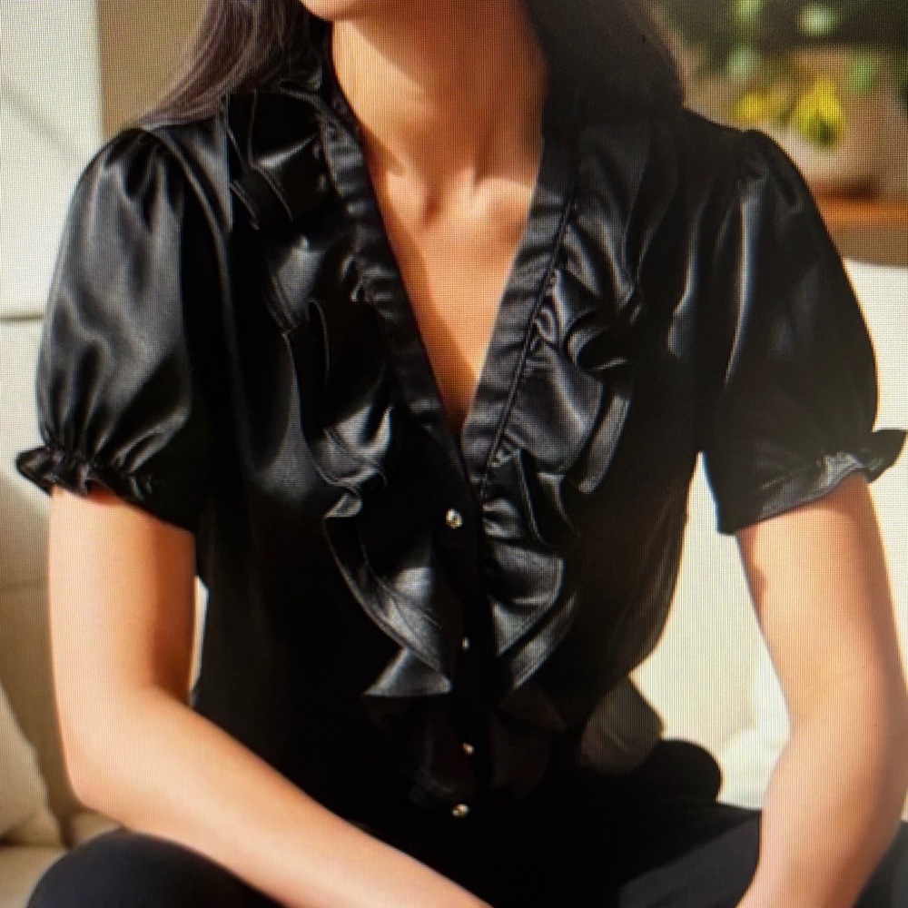 White House Black Market Black Satin Ruffle V-Neck Blouse